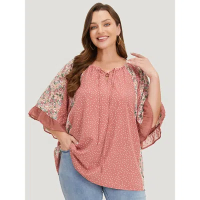 Bloomchic Women's Plus Size Polka Dot & Ditsy Floral Flounce Sleeve Lace Up Blouse Rouge Dailywear Half Sleeve In Red