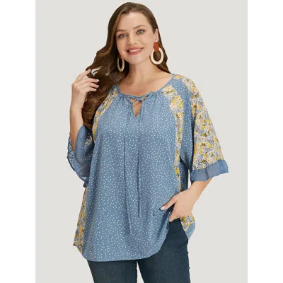 Bloomchic Women's Plus Size Polka Dot & Ditsy Floral Flounce Sleeve Lace Up Blouse Stone Dailywear Half Sleeve In Gray