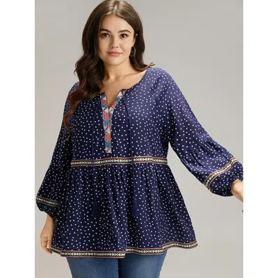 Bloomchic Women's Plus Size Polka Dot Bandana Trim Ties Blouse Indigo Vacation Long Sleeve 10/m In Purple