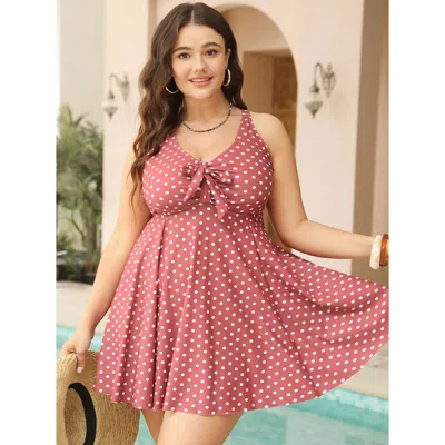 Bloomchic Women's Plus Size Polka Dot Bowknot Crossover Ruched Front Swim Dress Dustypink Polka Dots Adjustabl In Pink