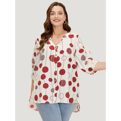 Bloomchic Women's Plus Size Polka Dot Button Detail Lantern Sleeve Split High Low Blouse Red Dailywear 3/4 Sle