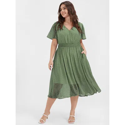 Bloomchic Women's Plus Size Polka Dot Button Pocket Shirred Ruffles Wrap Dress Mint Polka Dots Dailywear Print In Green