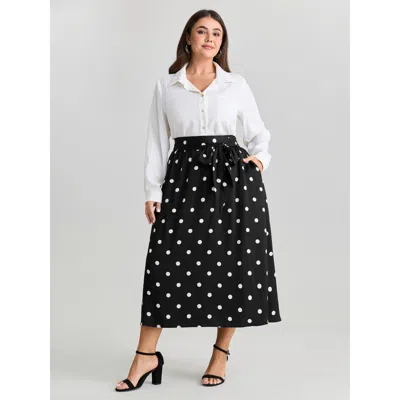Bloomchic Women's Plus Size Polka Dot Charm Pleated Maxi Skirt Black Lace-up A-line Office 10/m