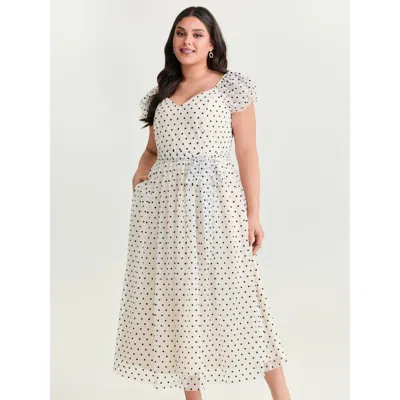 Bloomchic Women's Plus Size Polka Dot Charm Shirred Sheer Midi Dress Beige Polka Dots Maxi Elegant Smocked 10/ In Sand