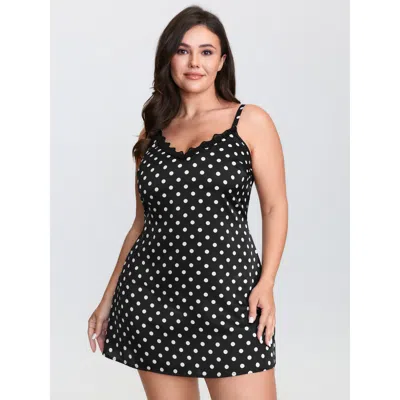 Bloomchic Women's Plus Size Polka Dot Charm V-neckline Nightgown Black Sleeveless Mini Deep V-neck 10/m