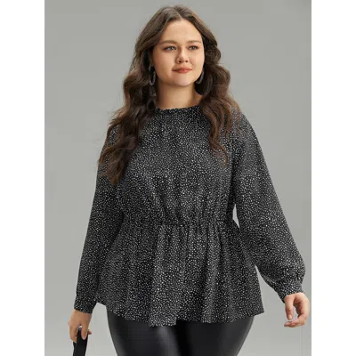 Bloomchic Women's Plus Size Polka Dot Chiffon Frill Trim Cut Out Elastic Waist Blouse Black Office Long Sleeve