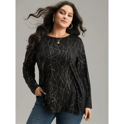 Bloomchic Women's Plus Size Polka Dot Contrast Round Neck T-shirt Black Polka Dots Casual Long Sleeve Round Ne