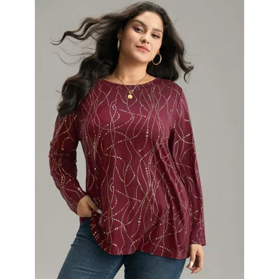 Bloomchic Women's Plus Size Polka Dot Contrast Round Neck T-shirt Burgundy Polka Dots Casual Long Sleeve Round