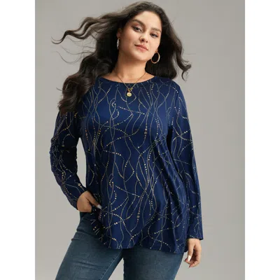 Bloomchic Women's Plus Size Polka Dot Contrast Round Neck T-shirt Darkblue Polka Dots Casual Long Sleeve Round In Blue