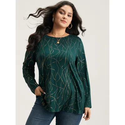 Bloomchic Women's Plus Size Polka Dot Contrast Round Neck T-shirt Darkgreen Polka Dots Casual Long Sleeve Roun In Green