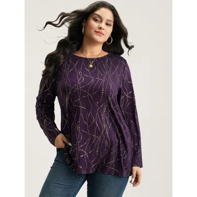 Bloomchic Women's Plus Size Polka Dot Contrast Round Neck T-shirt Eggplant Polka Dots Casual Long Sleeve Round In Purple