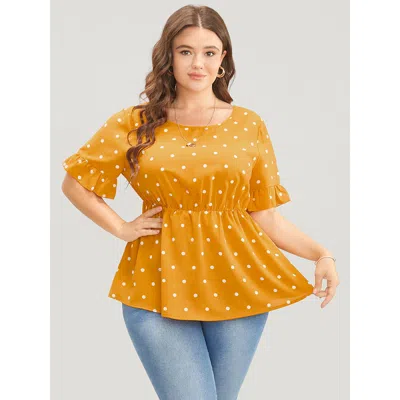 Bloomchic Women's Plus Size Polka Dot Crisscross Back Ruffles Trim T-shirt Orange Polka Dots Dailywear Short S