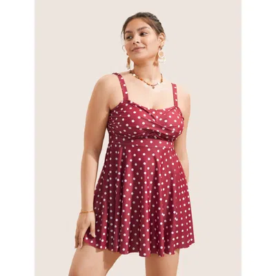 Bloomchic Women's Plus Size Polka Dot Crossover Ruched Flutter Hem Swim Dress Russet Polka Dots Twist Adaptive In Brown