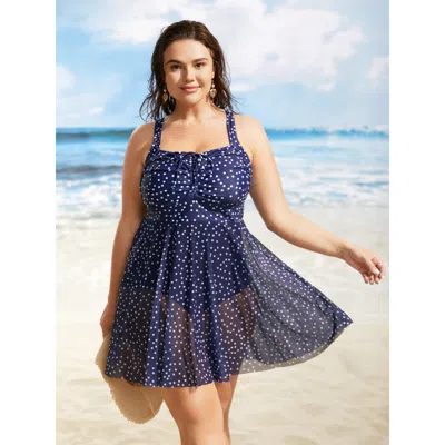 Bloomchic Women's Plus Size Polka Dot Drawstring Patchwork See Through Swim Dress Indigo Polka Dots Gathered A In Purple