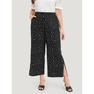 Bloomchic Women's Plus Size Polka Dot Drawstring Pocket Split Hem Pants Black High Rise Dailywear 10/m