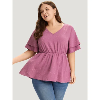 Bloomchic Women's Plus Size Polka Dot Elastic Waist Ruffle Sleeve Layered Blouse Purple Dailywear Short Sleeve