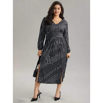 Bloomchic Women's Plus Size Polka Dot Elastic Waist Split Hem Dress Black Office Pleated 10/m