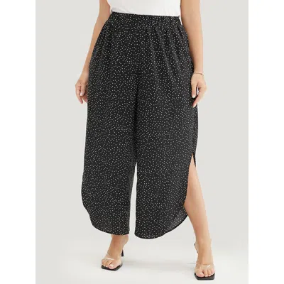 Bloomchic Women's Plus Size Polka Dot Elastic Waist Split Hem Pants Black Mid Rise Dailywear 10/m