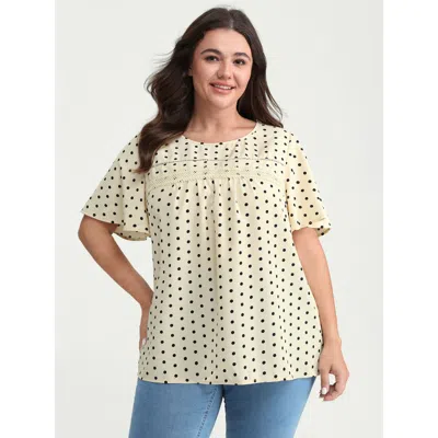 Bloomchic Women's Plus Size Polka Dot Elegance Lace Trim Blouse Champagne Polka Dots Casual Short Sleeve 10/m In Gold