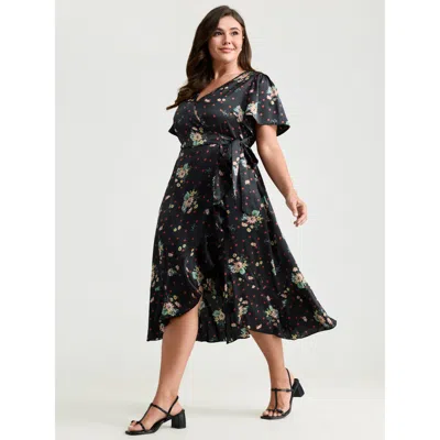 Bloomchic Women's Plus Size Polka Dot Floral Print Wrap Front Midi Dress Black Polka Dots Midi Elegant Overlap
