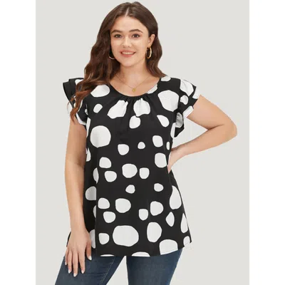 Bloomchic Women's Plus Size Polka Dot Flutter Cap Sleeve Tiered Blouse Black Dailywear Cap Sleeve 10/m