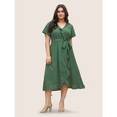 Bloomchic Women's Plus Size Polka Dot Flutter Trim Belted Overlap Collar Dress Green Polka Dots Midi Everyday 