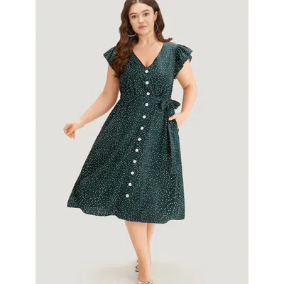 Bloomchic Women's Plus Size Polka Dot Flutter Trim Button Detail Belted Dress Teal Office Belted 28/5x In Blue