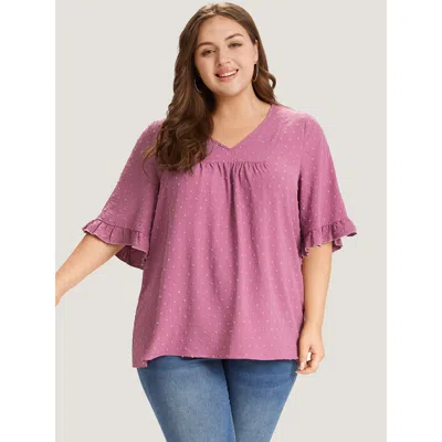 Bloomchic Women's Plus Size Polka Dot Flutter Trim Gathered Blouse Purple Dailywear Short Sleeve 10/m