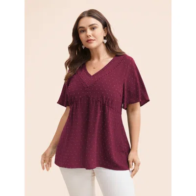 Bloomchic Women's Plus Size Polka Dot Frill Trim V Neck Flutter Blouse Burgundy Solid Office Short Sleeve V-ne