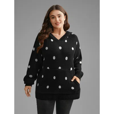 Bloomchic Women's Plus Size Polka Dot Hooded Patch Pocket Pullover Black Long Sleeve 12/l