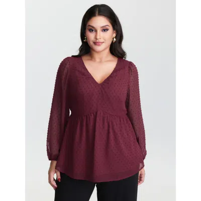 Bloomchic Women's Plus Size Polka Dot Jacquard Textured Shirred Blouse Burgundy Solid Elegant Long Sleeve V-ne