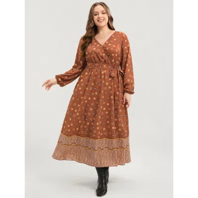Bloomchic Women's Plus Size Polka Dot Lantern Sleeve Pocket Belted Surplice Neck Maxi Dress Bronze Polka Dots  In Brown
