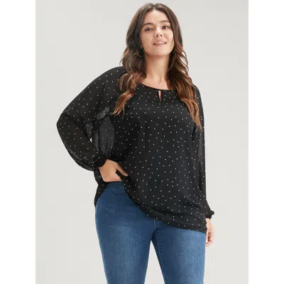 Bloomchic Women's Plus Size Polka Dot Mesh Lantern Sleeve Keyhole Round Neck Blouse Black Polka Dots Dailywear
