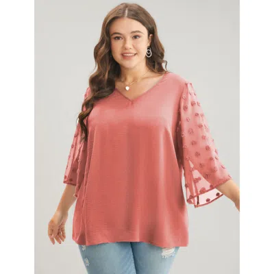 Bloomchic Women's Plus Size Polka Dot Mesh Patchwork Flounce Sleeve Blouse Dustypink Dailywear 3/4 Sleeve 10/m In Pink