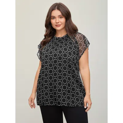 Bloomchic Women's Plus Size Polka Dot Mock Neck Mesh Patchwork Blouse Black Geometric Office Short Sleeve Roun