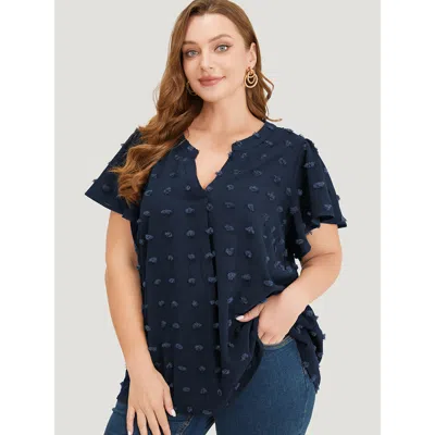 Bloomchic Women's Plus Size Polka Dot Notched Neck Flutter Sleeve Blouse Indigo Dailywear Short Sleeve 10/m In Purple