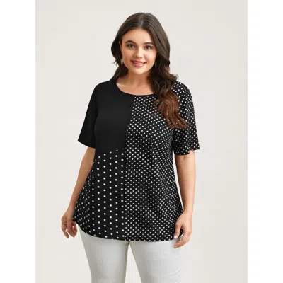 Bloomchic Women's Plus Size Polka Dot Panelled A-line Shirt Black Polka Dots Elegant Short Sleeve Round Neck 1