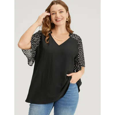 Bloomchic Women's Plus Size Polka Dot Patchwork Flutter Sleeve Chain Detail Blouse Black Dailywear Short Sleev