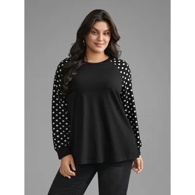 Bloomchic Women's Plus Size Polka Dot Patchwork Raglan Sleeve Sweatshirt Black Everyday 10/m
