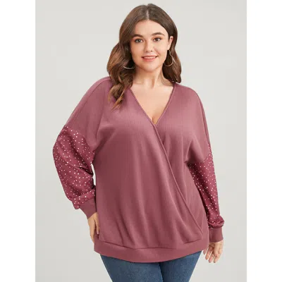 Bloomchic Women's Plus Size Polka Dot Patchwork Wrap Waffle Knit Sweatshirt Dustypink Polka Dot Dailywear 14-1 In Pink