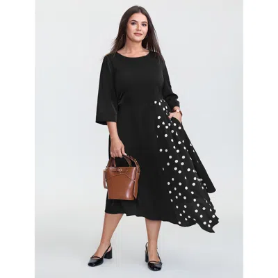 Bloomchic Women's Plus Size Polka Dot Pleat Flowy Maxi Dress Black Polka Dots Midi Office Colorblock 30/6x