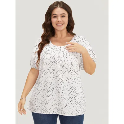 Bloomchic Women's Plus Size Polka Dot Pleated Round Neck Puff Sleeve Blouse White Office Short Sleeve 10/m