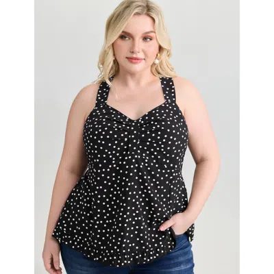 Bloomchic Women's Plus Size Polka Dot Print Gathered Bodice Tank Top Black Elegant Fit & Flare V-neck 12/l