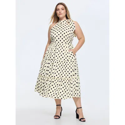 Bloomchic Women's Plus Size Polka Dot Print Halter Neckline Midi Dress Ivory Polka Dots Length Office Smocked  In White