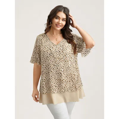Bloomchic Women's Plus Size Polka Dot Print Ruffled V-neck Layered Shirt Lightbrown Leopard Casual Short Sleev In Brown