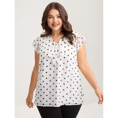 Bloomchic Women's Plus Size Polka Dot Ribbon Collar Blouse Black Polka Dots Elegant Short Sleeve Tie-neck 10/m