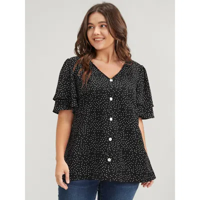 Bloomchic Women's Plus Size Polka Dot Ruffle Sleeve Button Front Blouse Black Polka Dots Dailywear Short Sleev