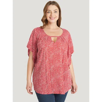 Bloomchic Women's Plus Size Polka Dot Ruffle Sleeve Keyhole Neck Blouse Scarlet Dailywear Short Sleeve 10/m In Red
