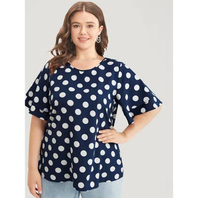 Bloomchic Women's Plus Size Polka Dot Ruffle Tiered Sleeve Blouse Indigo Office Short Sleeve 10/m In Purple