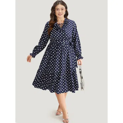 Bloomchic Women's Plus Size Polka Dot Ruffle Trim Belted Lace Up Dress Indigo Office Belted 12/l In Purple